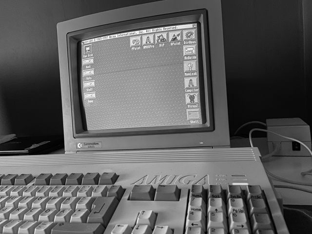 An Amiga 1200 connected to a CRT monitor.
