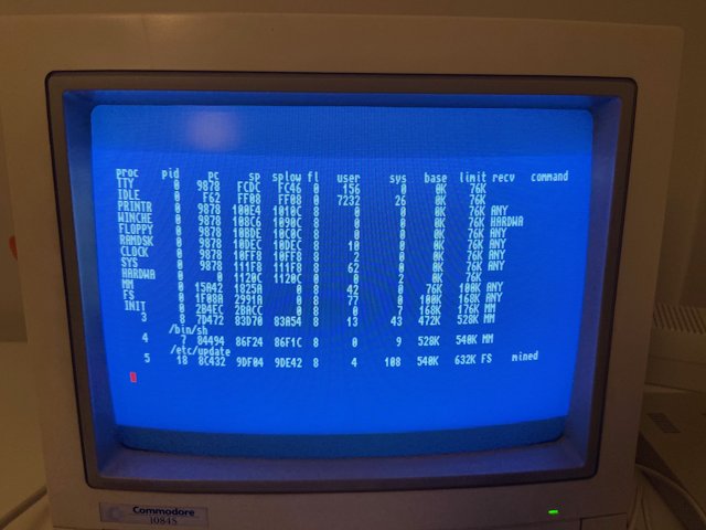 Photo of CRT monitor displaying a Minix Process List