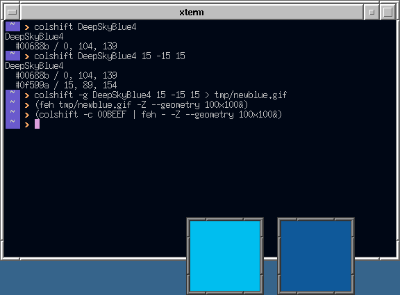 Screenshot of xterm with various usage examples of colshift, and two image viewers displaying the resulting color samples