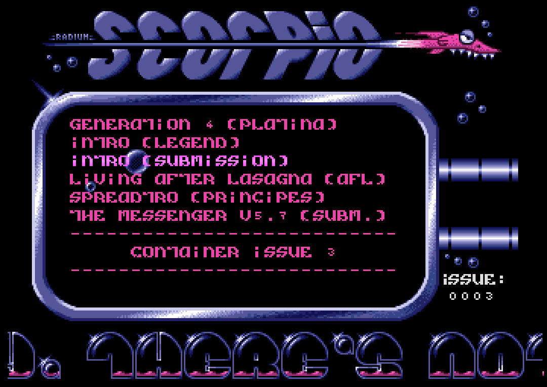A screenshot of a colourful Amiga packdisk menu, featuring carefully hand-pixelled logos and fonts.