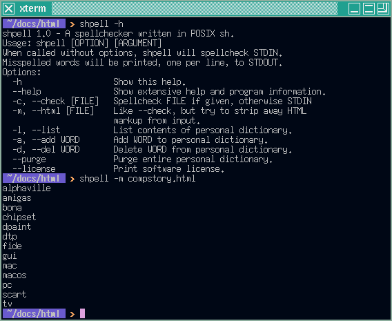 Screenshot of xterm displaying shpell's help output and the result of spell checking an HTML file
